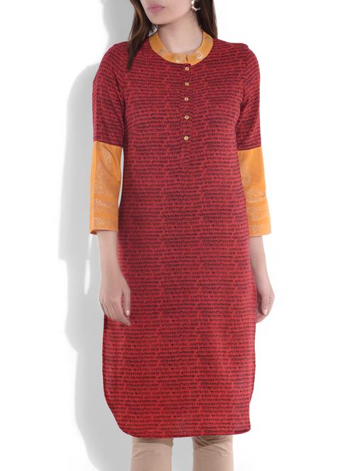 red printed quarter sleeved linen kurti - 9637418 - Very Small Image - 1