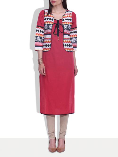 red cotton straight kurti - 9637444 - Very Small Image - 1