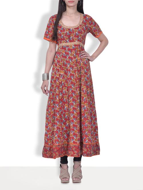 red block printed cotton anarkali - 9639910 - Very Small Image - 1