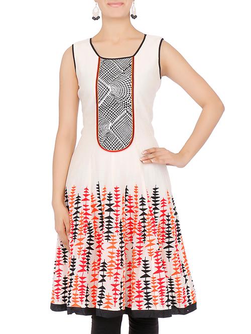 white printed sleeveless a line kurta - 9640224 - Very Small Image - 1