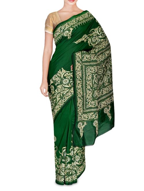 green pure silk kantha embroidered sari - 9641926 - Very Small Image - 1