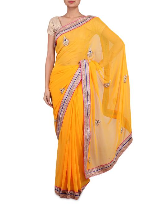 yellow georgette sari - 9641961 - Very Small Image - 1