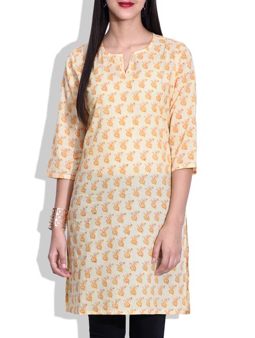 Beige Cotton Straight Kurta - 9642671 - Very Small Image - 1