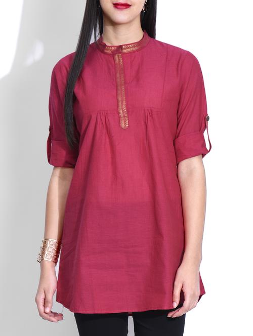 red gathered cotton kurta - 9642722 - Very Small Image - 1