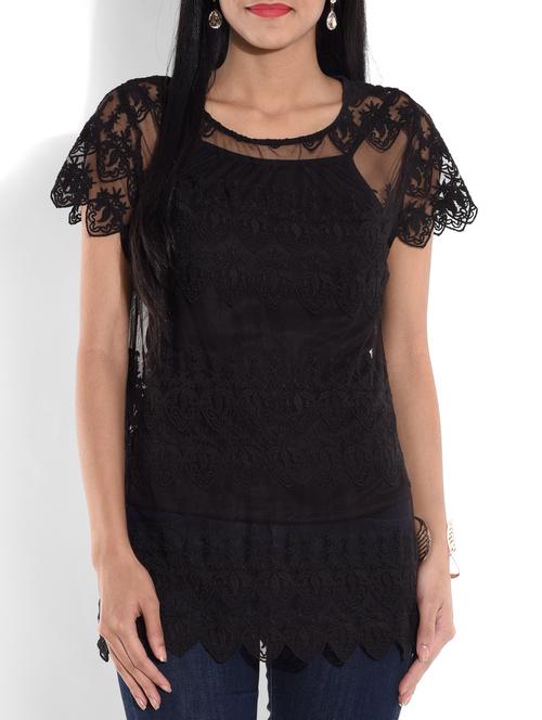 solid black top with lace work - 9644165 - Very Small Image - 1