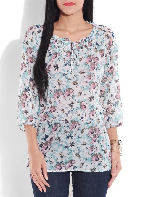light blue floral printed gathered top - 9644187 - Very Small Image - 1