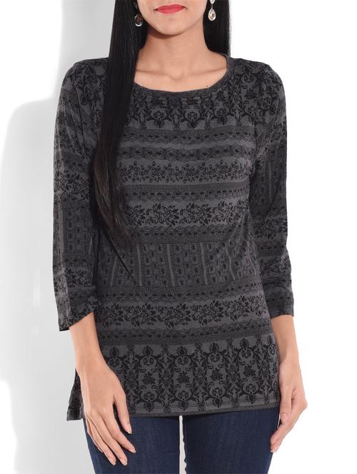 charcoal grey jacquard viscose knit top - 9644191 - Very Small Image - 1