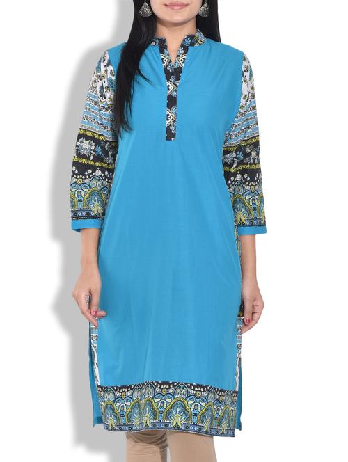 light blue printed cotton kurta - 9655002 - Very Small Image - 1