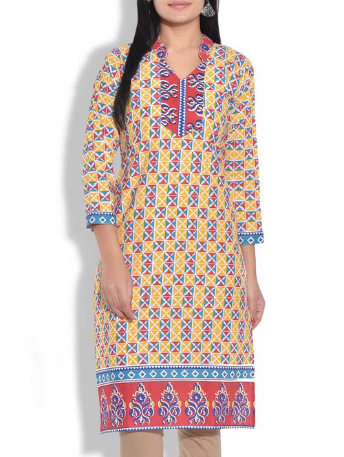 yellow printed cotton kurta - 9655004 - Very Small Image - 1