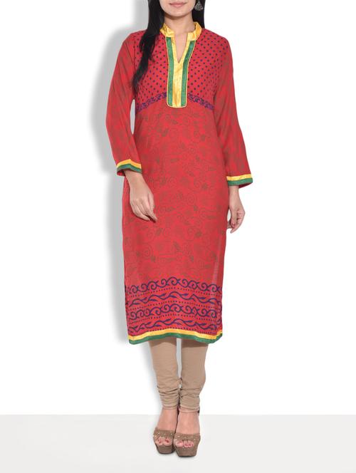 red printed mandarin collar rayon kurta - 9655007 - Very Small Image - 1