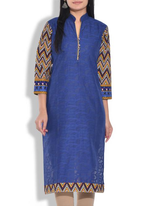 dark blue chevron printed cotton kurta - 9655008 - Very Small Image - 1