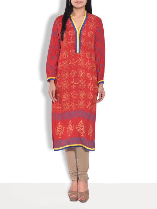 red printed full sleeved rayon kurta - 9655009 - Very Small Image - 1