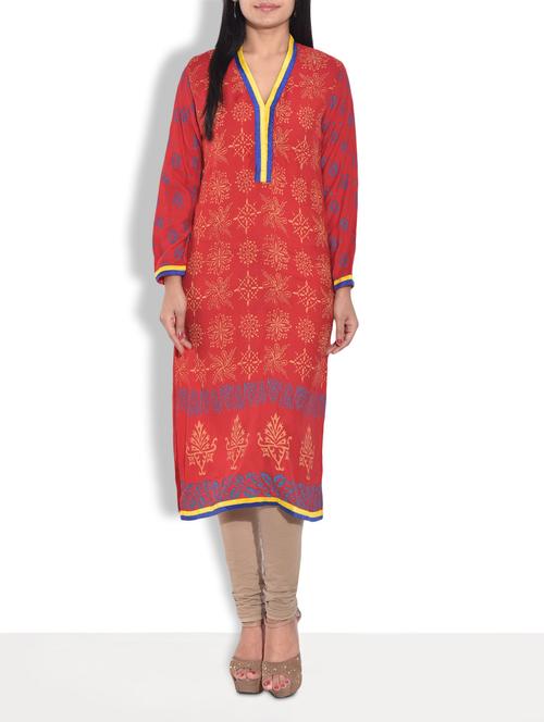 red printed full sleeved rayon kurta - 9655010 - Very Small Image - 1
