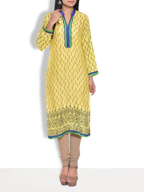 yellow printed full sleeved rayon kurta - 9655012 - Very Small Image - 1