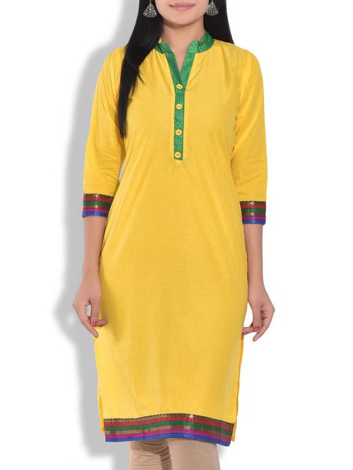 yellow cotton straight kurta - 9655019 - Very Small Image - 1