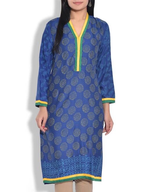 dark blue printed full sleeved rayon kurta - 9655020 - Very Small Image - 1