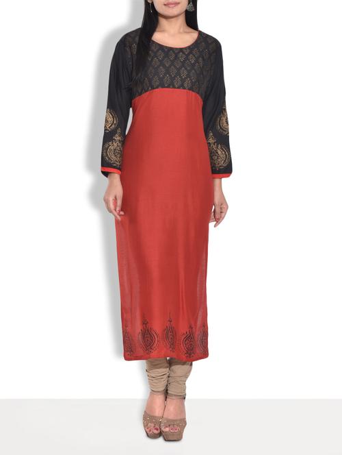 red printed full sleeved rayon long kurta - 9655025 - Very Small Image - 1