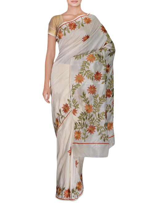 cream embroidered bishnupur pure silk saree - 9655250 - Very Small Image - 1
