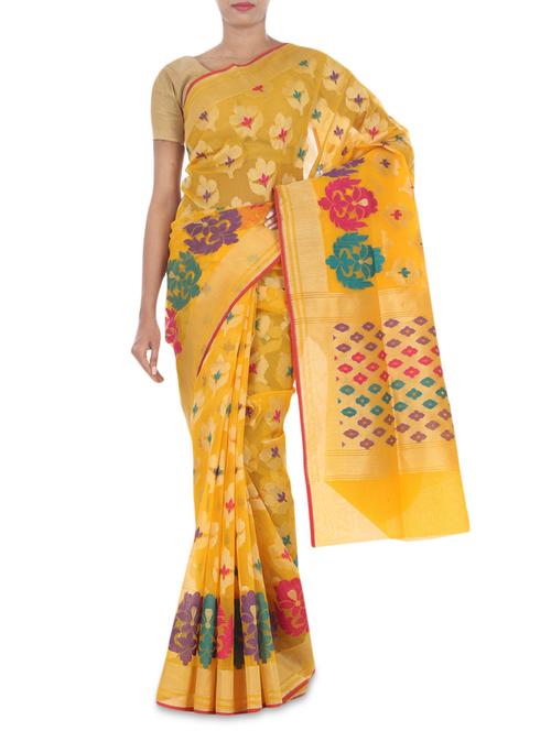 dark yellow silk kota floral saree - 9655466 - Very Small Image - 1