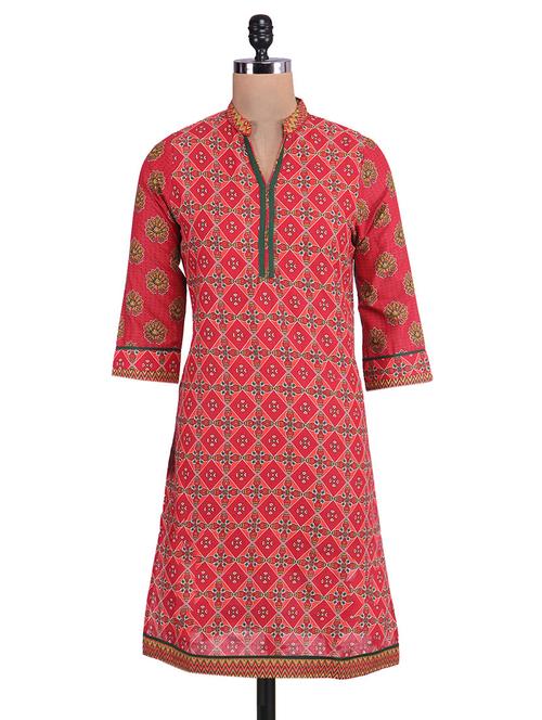 Red printed cotton kurta - 9657325 - Very Small Image - 1