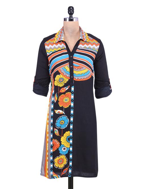 Black printed rayon collared kurta - 9657412 - Very Small Image - 1