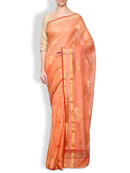 orange chanderi saree with zari border - 9660069 - Very Small Image - 1