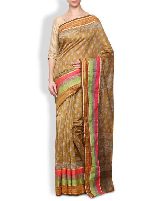 mustard printed chanderi saree - 9660070 - Very Small Image - 1