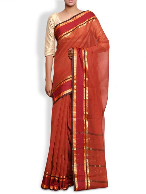 rust zari striped cotton saree - 9660109 - Very Small Image - 1