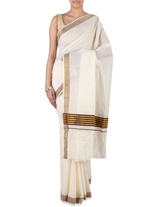 white cotton kasavu saree with blouse - 9661266 - Very Small Image - 1