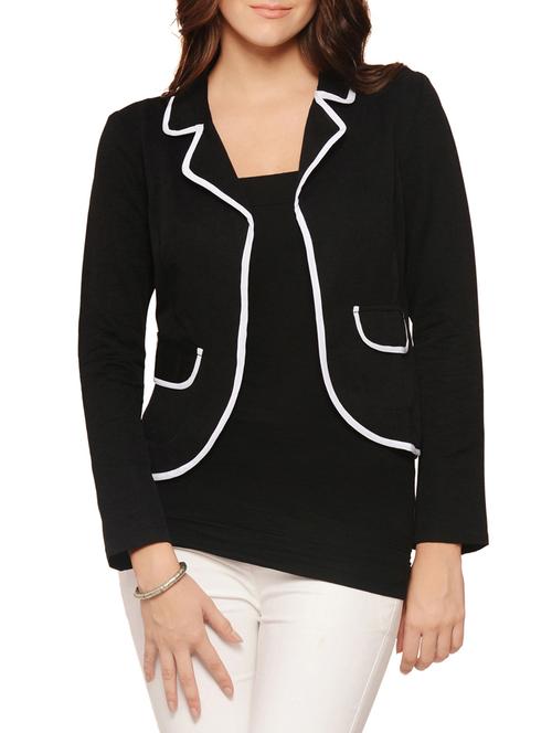 white bordered Black Cotton Lycra Blazer - 9666620 - Very Small Image - 1