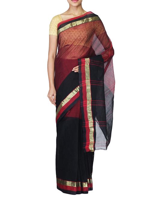 maroon and black Cotton tant saree - 9667661 - Very Small Image - 1