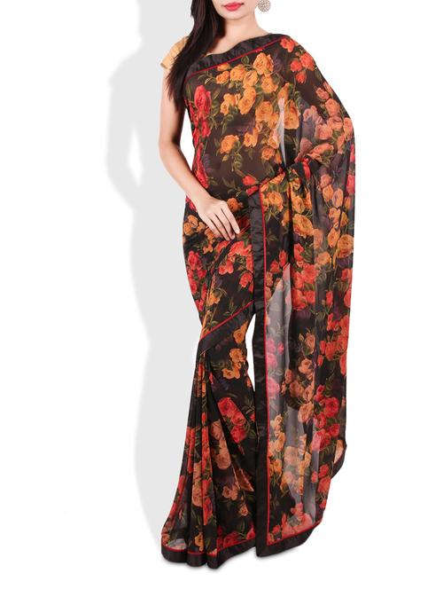 black floral printed georgette saree - 9675511 - Very Small Image - 1