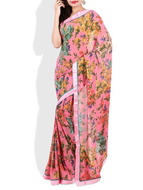 pink floral printed georgette saree - 9675513 - Very Small Image - 1