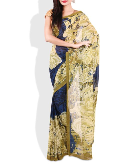 blue and olive printed faux georgette saree - 9675524 - Very Small Image - 1