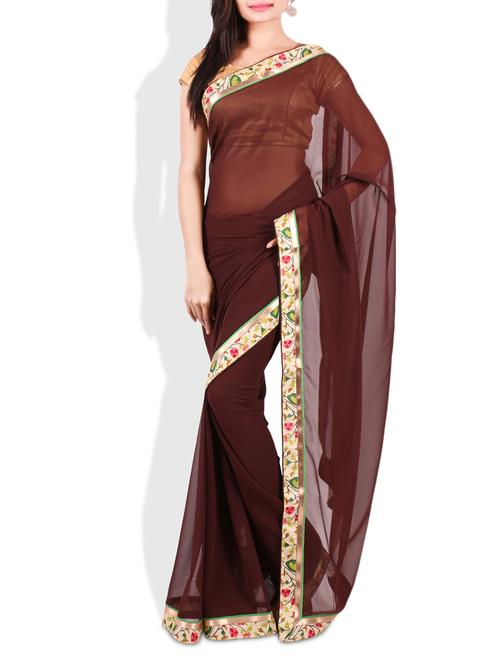 dark brown faux georgette saree - 9675528 - Very Small Image - 1