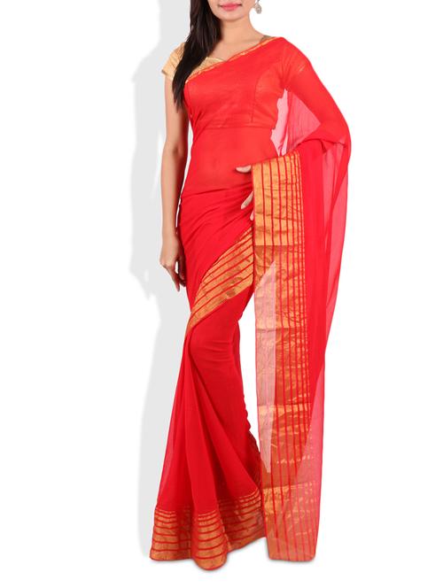 red georgette saree with gold border - 9675542 - Very Small Image - 1
