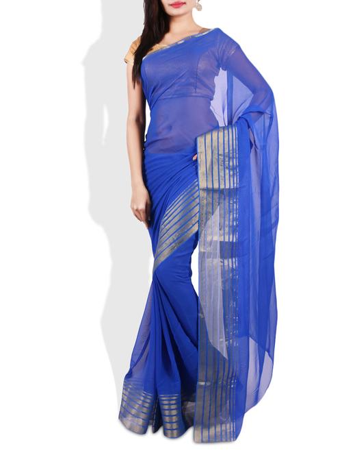 cobalt blue georgette saree with silver border - 9675545 - Very Small Image - 1