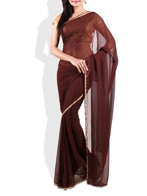 dark brown georgette saree with gold border - 9675546 - Very Small Image - 1