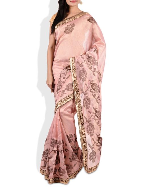 light pink floral embroidered cotton saree - 9675551 - Very Small Image - 1