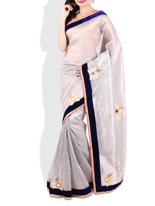 silver floral embroidered cotton saree - 9675553 - Very Small Image - 1