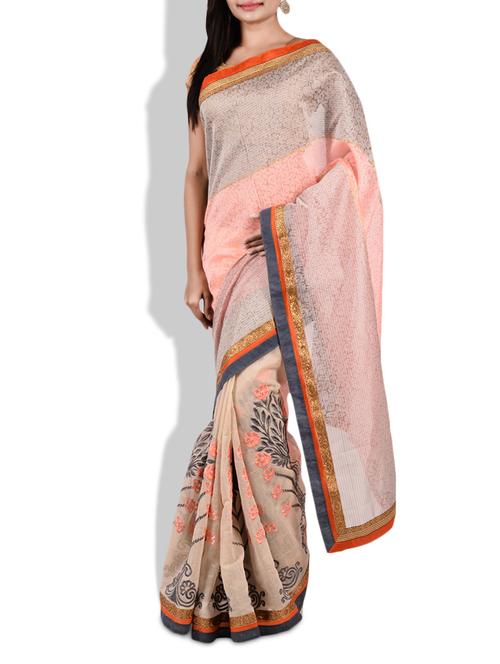 peach and grey embroidered cotton saree - 9675558 - Very Small Image - 1