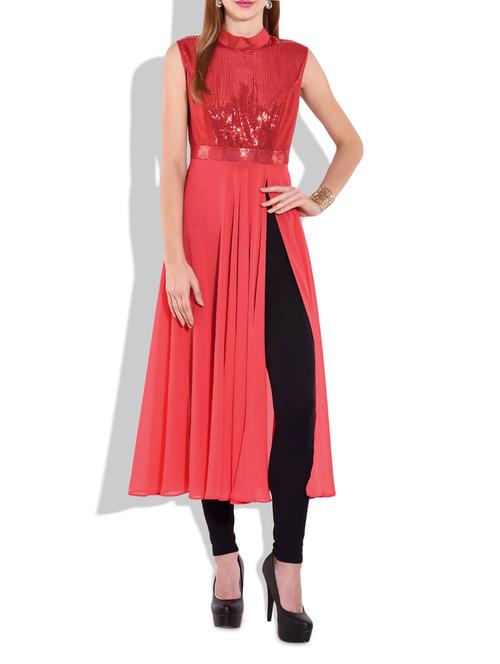 red polygeorgette silk kurta - 9680641 - Very Small Image - 1