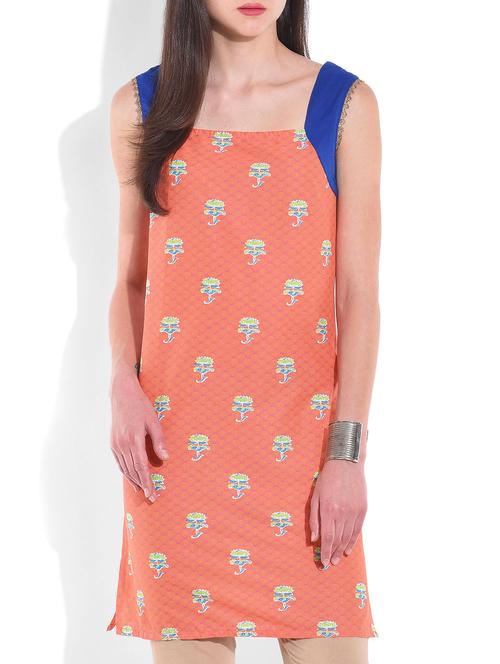 orange printed sleeveless cotton kurta - 9682166 - Very Small Image - 1