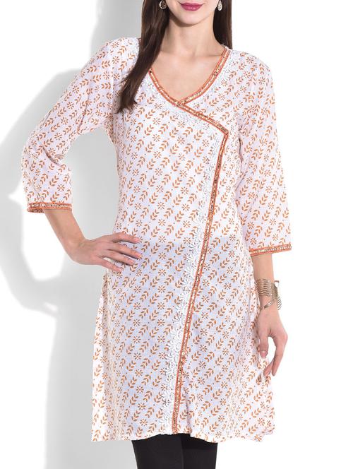 cream printed angrakha style cotton kurta - 9682212 - Very Small Image - 1