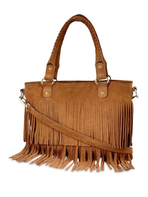 solid tan leather fringed handbag - 9682669 - Very Small Image - 1