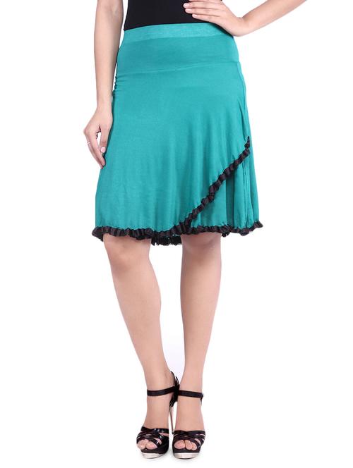 emerald green knee length viscose lycra flared skirt - 9683068 - Very Small Image - 1