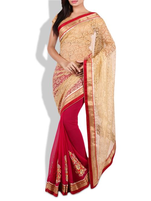 beige and pink embroidered georgette saree - 9683336 - Very Small Image - 1