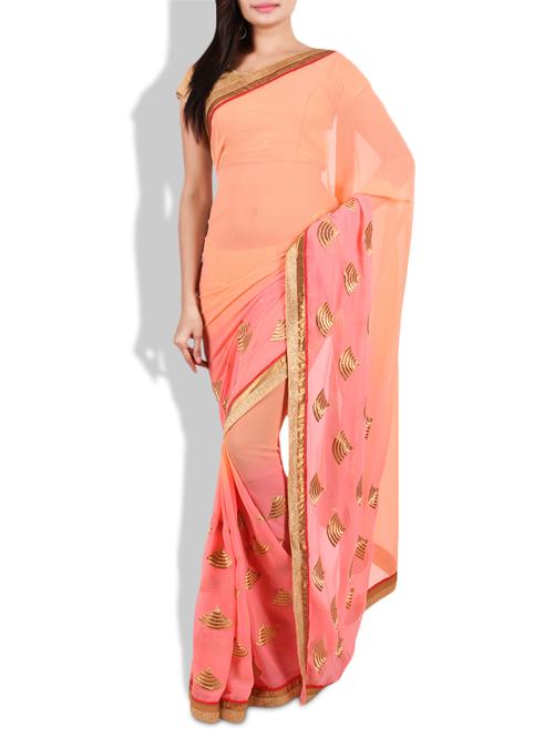 peach embroidered georgette saree - 9683350 - Very Small Image - 1
