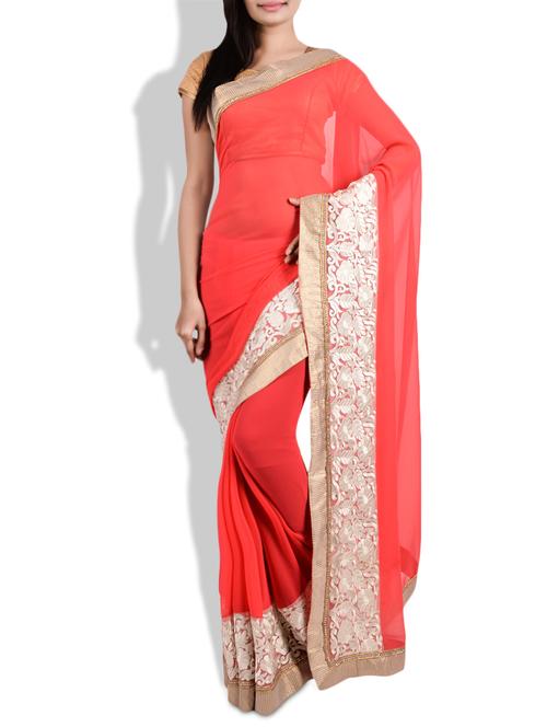 coral embroidered georgette saree - 9683353 - Very Small Image - 1