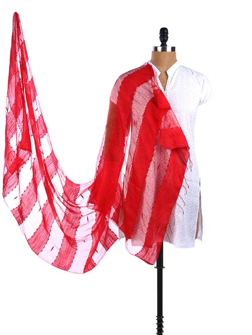 red cotton woven striped sheer dupatta - 968352 - Very Small Image - 1